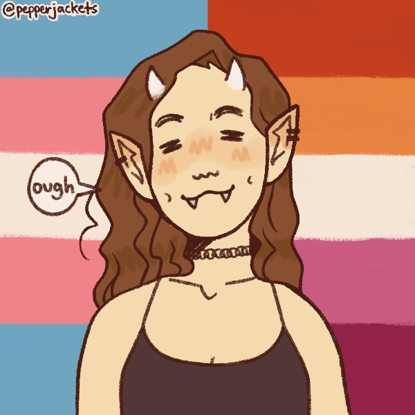 A picrew depecting me with a relaxed look, fangs, horns, and elf ears. 
    In the background the trans and lesbian flags.